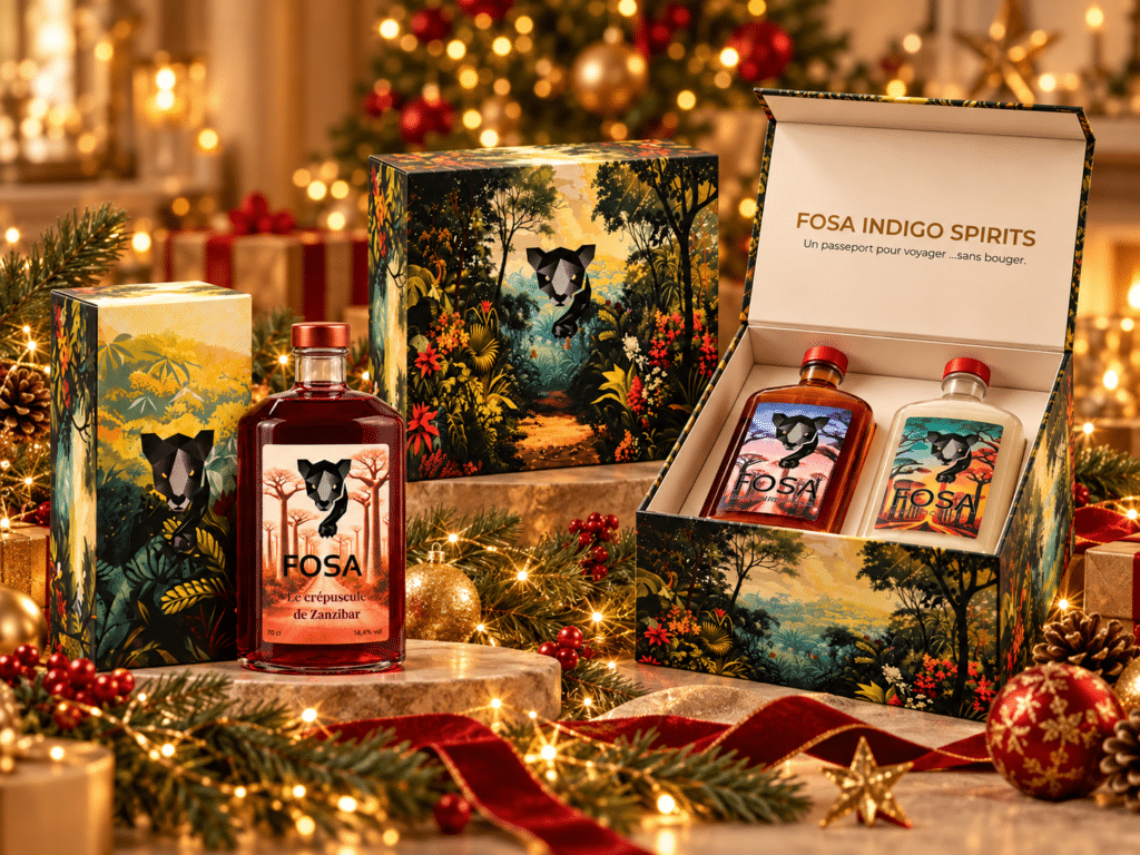 Coffrets cadeaux FOSA INDIGO SPIRITS dans une ambiance de Noël avec créations artisanales à base de rhum