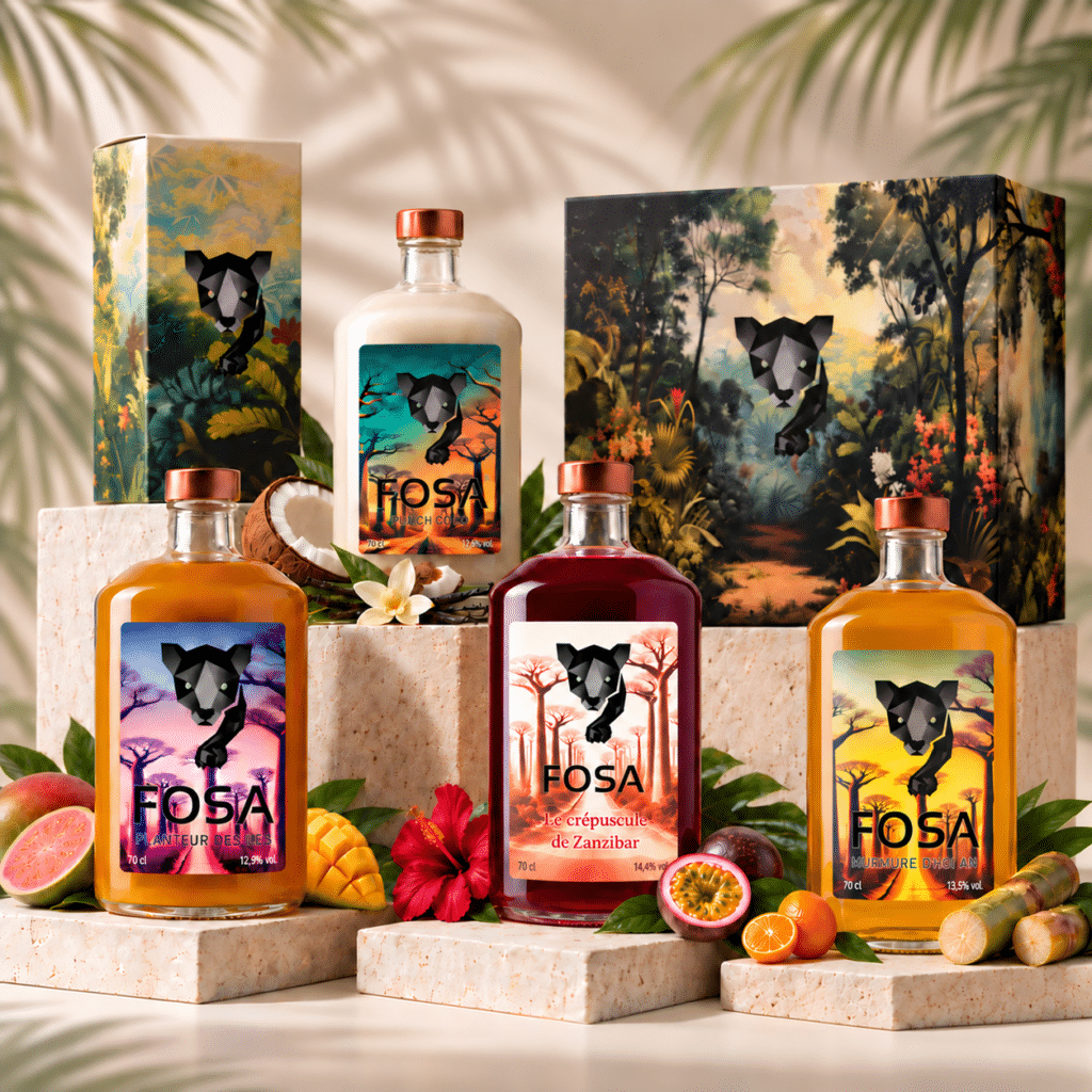 Visuel présentant les créations et coffrets FOSA INDIGO SPIRITS dans un univers tropical et premium, pour illustrer les apéritifs artisanaux à base de rhum, prêts à servir, proposés sur le stand C14 du Salon des Plaisirs Gourmands de Bourg-en-Bresse 2026.