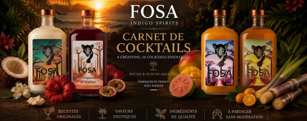 Carnet de cocktails FOSA INDIGO SPIRITS avec idées de cocktails signature à base des créations FOSA